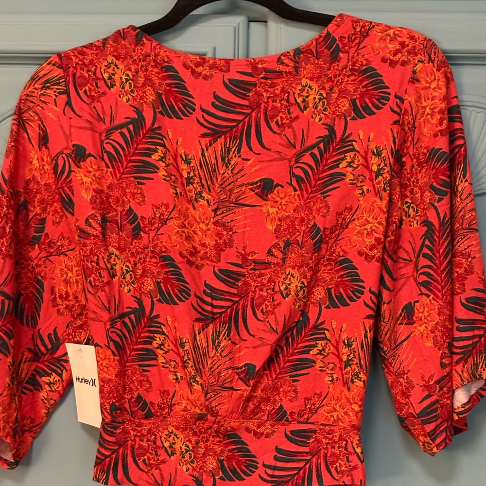 NWT Hurley Summer Palm Flounce Top orange red palm print - deep v tie back - Picture 8 of 8